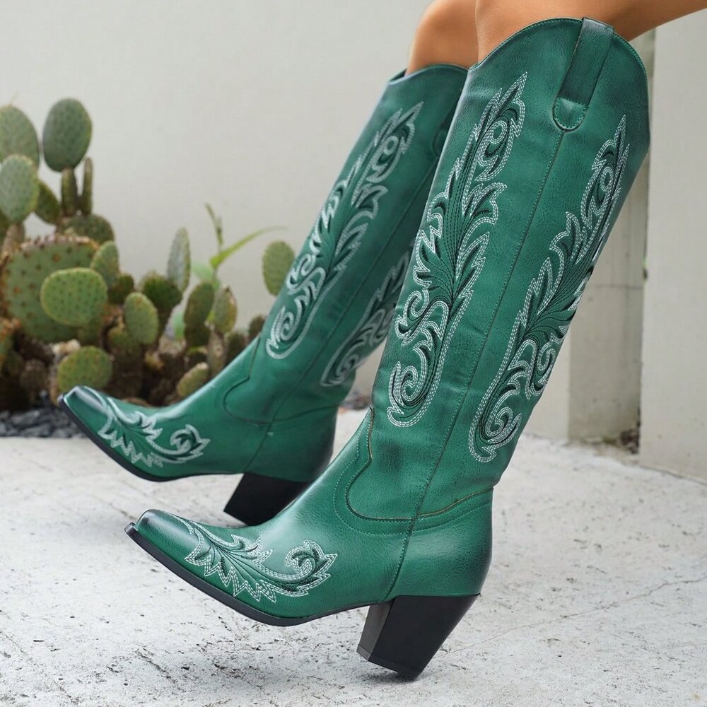 Dark Green Western Women's Embroidered Pull-On Knee High Boots - Picture 2 of 7